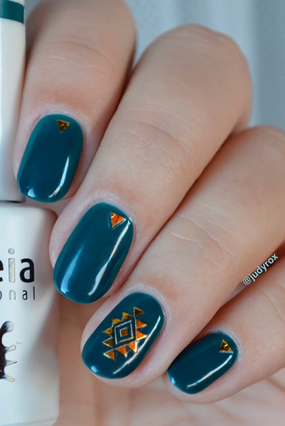 Dark Teal Nails With Tribal Design