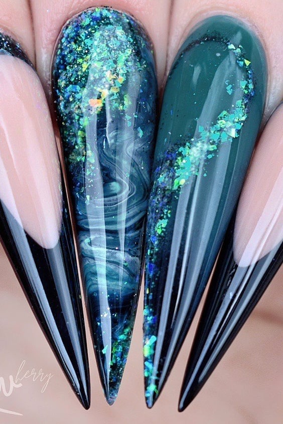 Teal Stiletto Nails With Glitters
