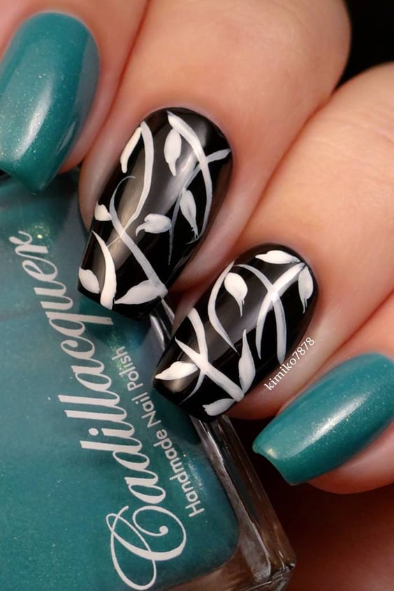 Black And Teal Nails Combination