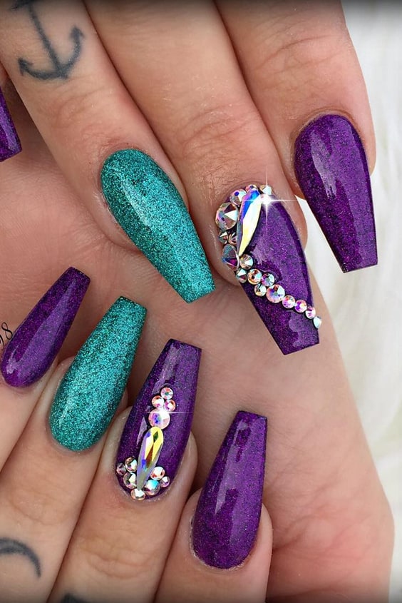 Teal And Purple Nails With Rhinestones