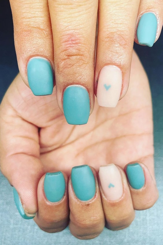 Cute Small Heart In This Teal Color Nails