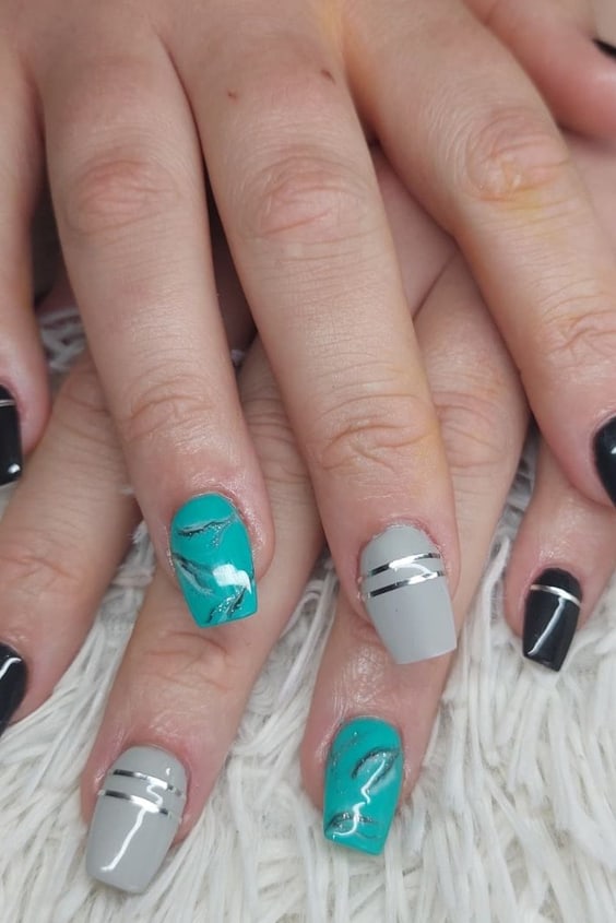 Marble Teal Nails With Black And Gray Color