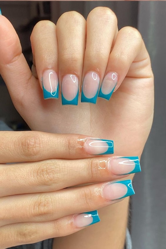 Nude Nails With Teal French Tips