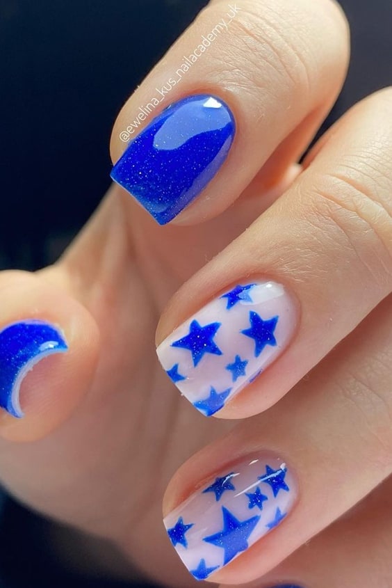 Blue Stars and Glitter Short Nails