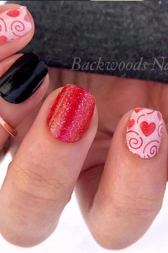 Short Nails with Pink, Red, Hearts and Sparkle