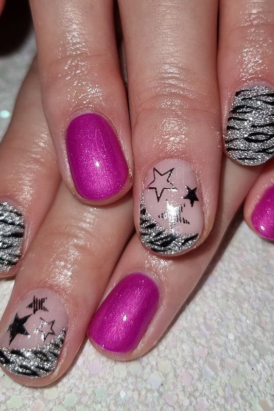 Cute Short Nails with Stars and Animal Prints Combo