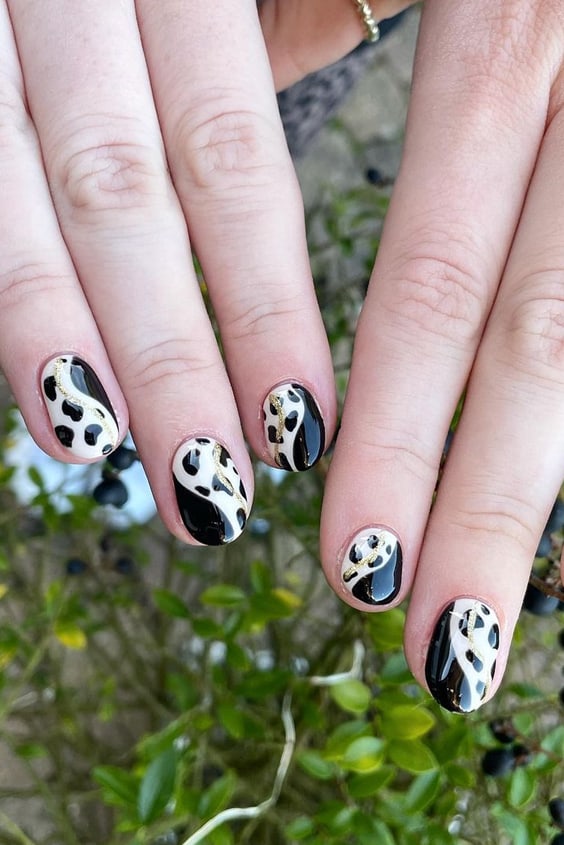 Short Nails with Abstract Cow Prints