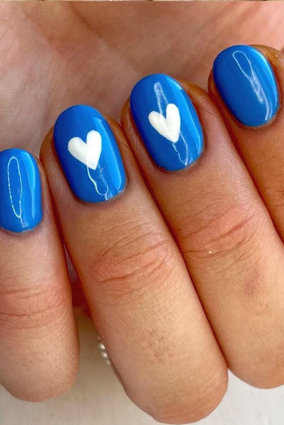 Blue Nails with White Hearts