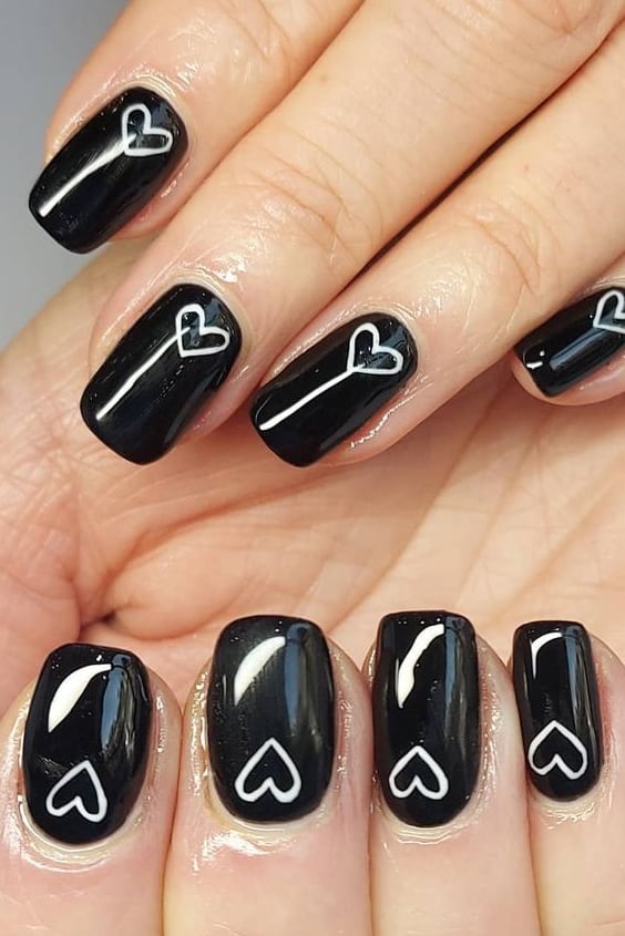 Black Nails with White Line Hearts