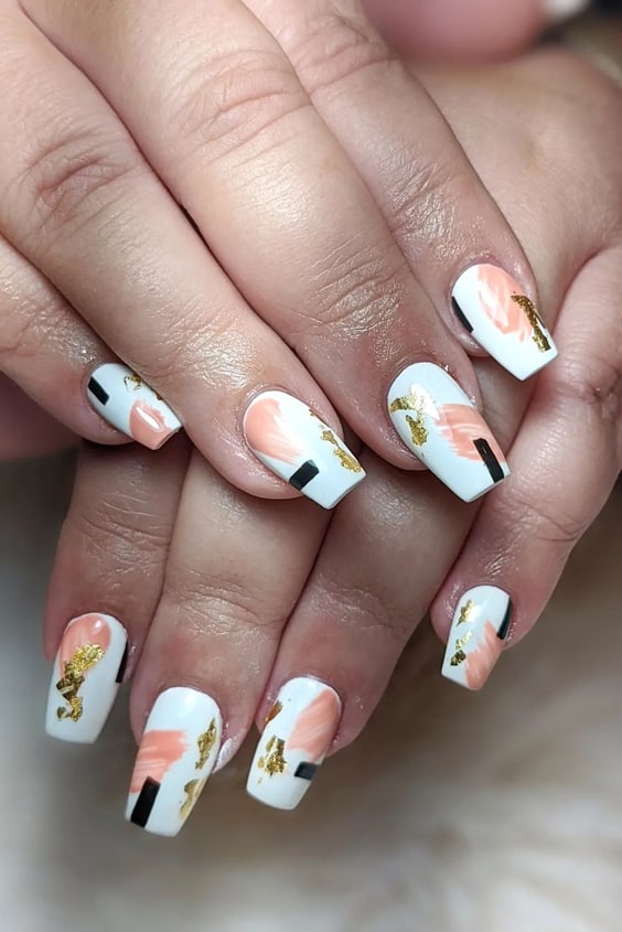 Simple Thanksgiving Nails Abstract Design on White Base