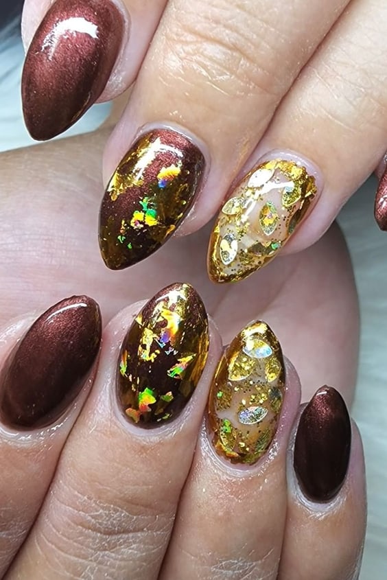 Fall Vibes Stiletto Nails with Gold Foil for Thanksgiving