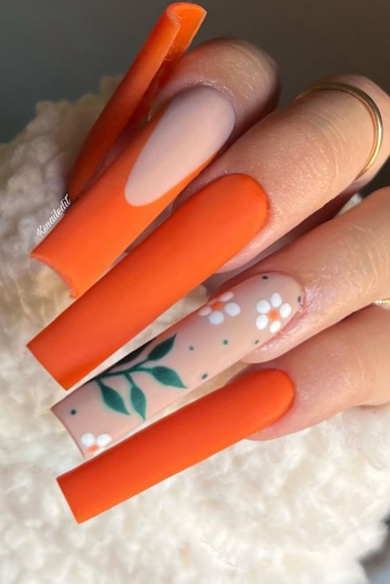 Long Nails with Orange Base and White Flowers and Leaves for Thanksgiving