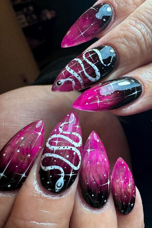 Black and Pink Stiletto Goth Nails with Snake Pattern
