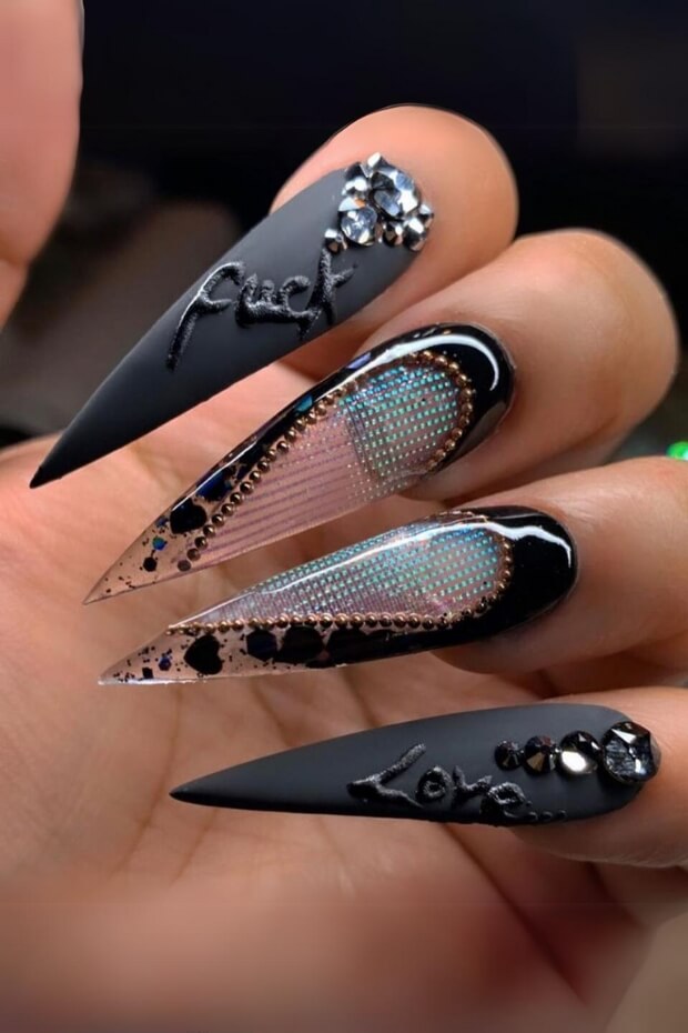 Black Stiletto Nail with Gothic Heart and Rhinestones