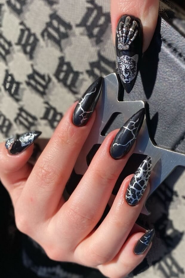 Black and White Skeleton-themed Stiletto Goth Nails