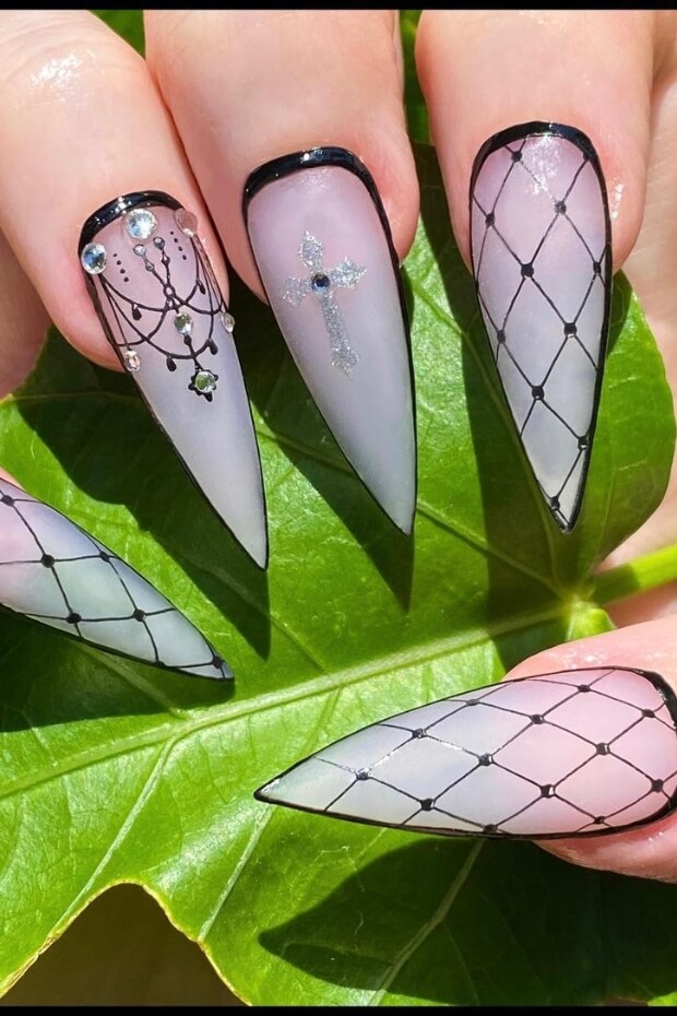 Dramatic Black and White Ombre Stiletto Nail with Cross Symbol