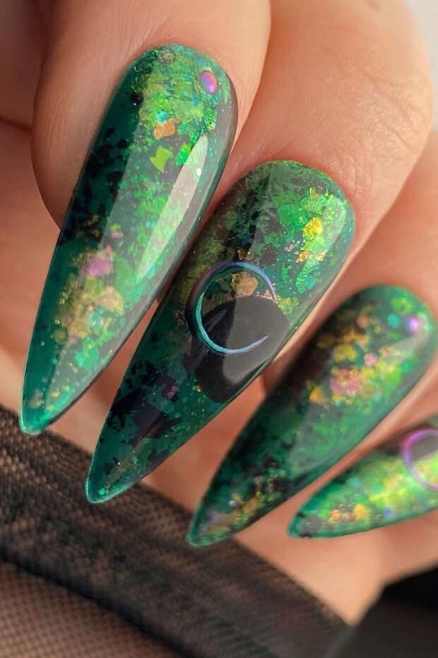 Green and Black Stiletto Goth Nails with Crescent Moon and Stars