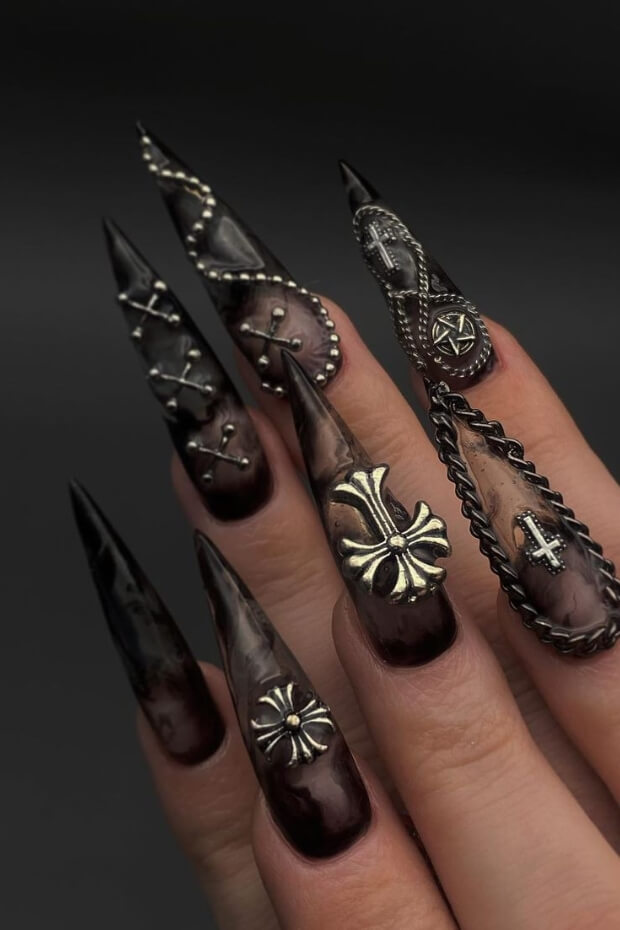 Intricate Gothic Stiletto Nail with Crosses, Skulls, and Symbols