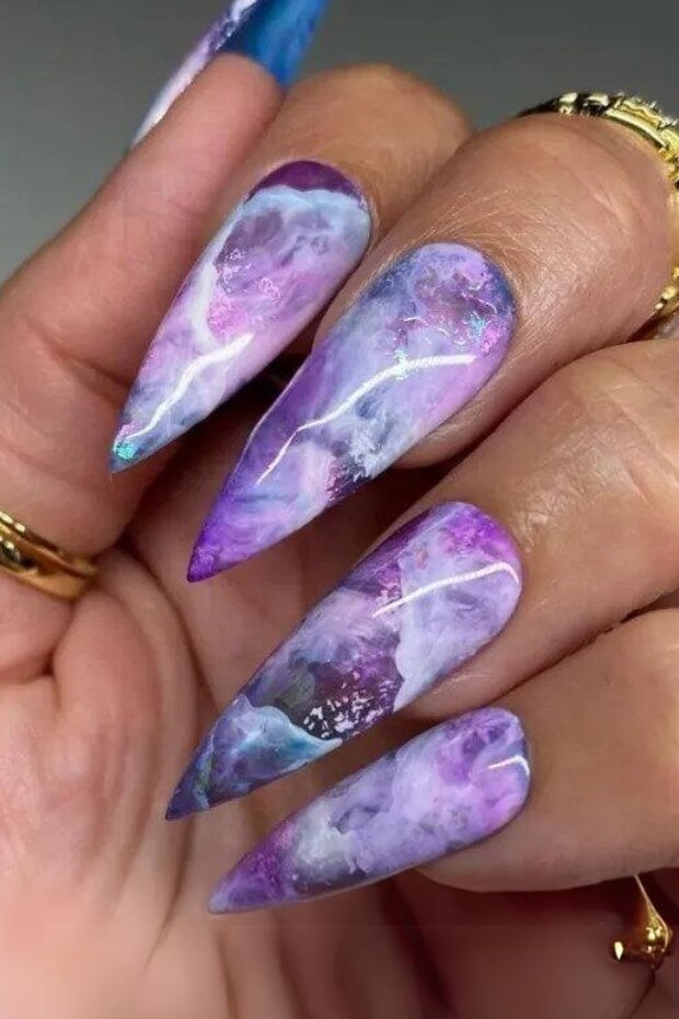 Purple and Blue Marble-like Stiletto Goth Nails