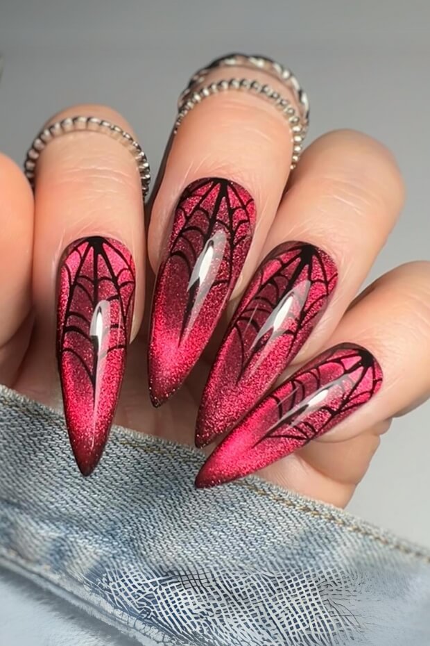 Red and Black Spider Web Stiletto Goth Nail