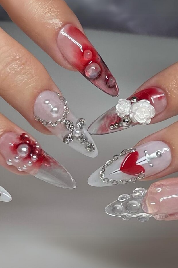 Red, White, and Black Stiletto Goth Nail with Cross, Roses, and Decorative Elements