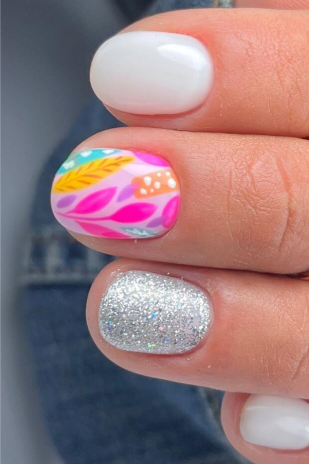 Colorful floral pattern with silver glitters