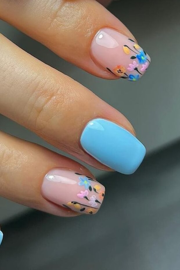 Pink and blue floral nail art design