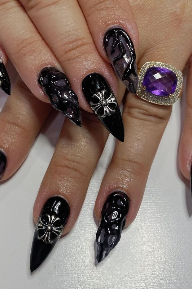 Black and Purple Stiletto Goth Nails with Intricate Patterns