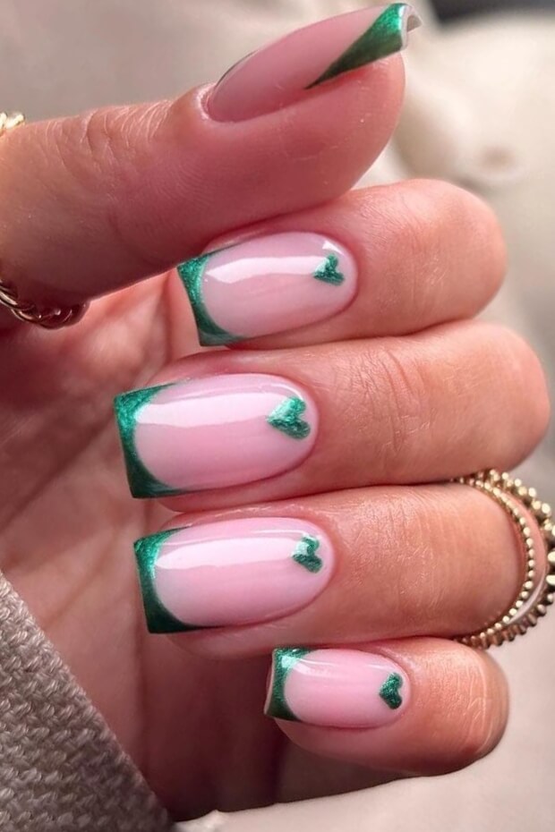 French tip with green heart on pink background