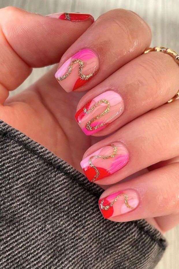 Pink and red ombre with gold glitter accents