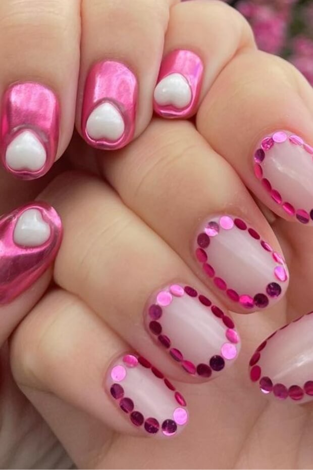 Pink and white heart-shaped motif with dots