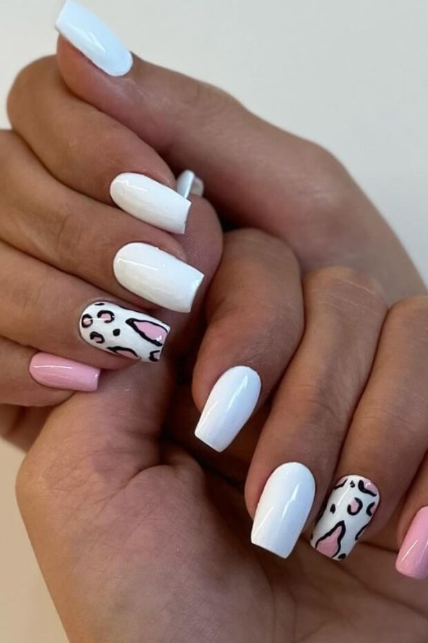 White and pink leopard print nail art design