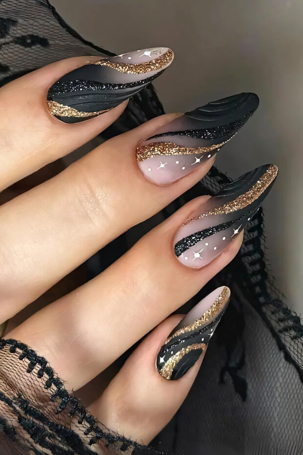 Black and gold wavy pattern with glitter accents