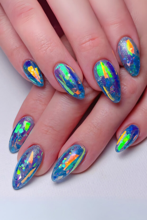 Blue base with multicolored glitter top coat