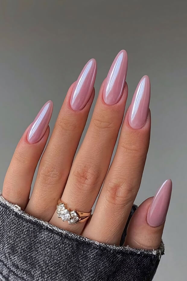 Chrome metallic pink almond nails