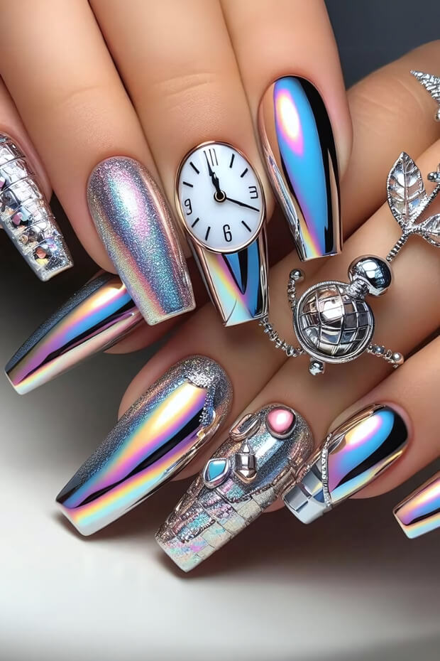 Unique and intricate chrome nail art with clock, butterfly, and flower design