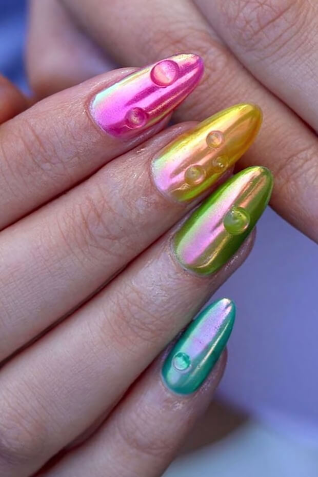 Colorful metallic finish with pink, green, and yellow hues