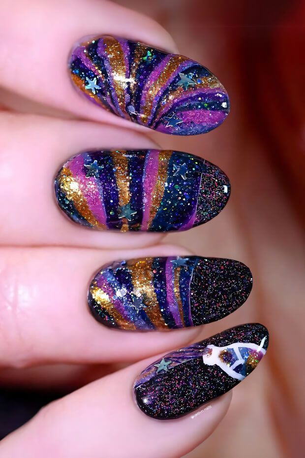 Colorful design with purple, blue, and gold colors