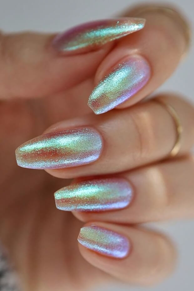 Eye-catching silver holographic chrome nail art