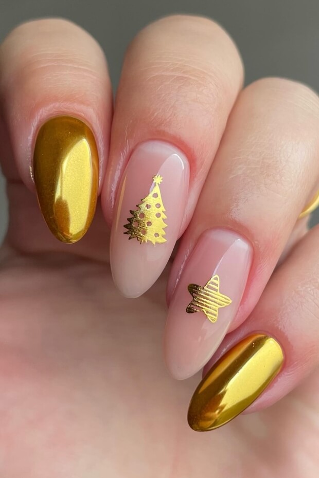 Gold Christmas tree and star nail art design