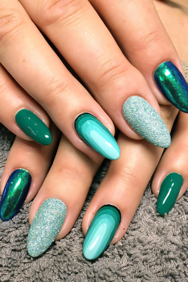 Green and blue marble nails with shimmer