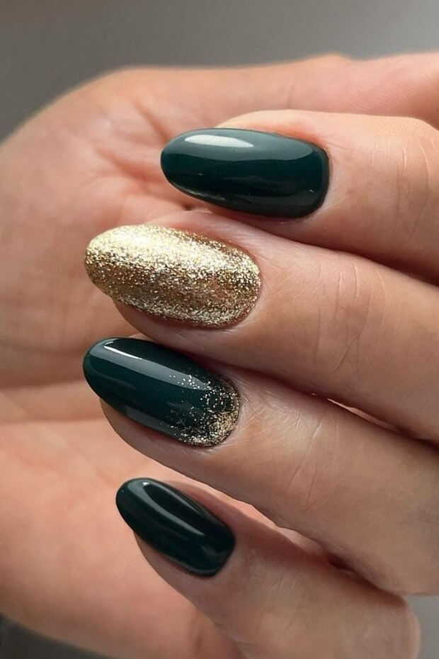 Green and gold glitter nail art design