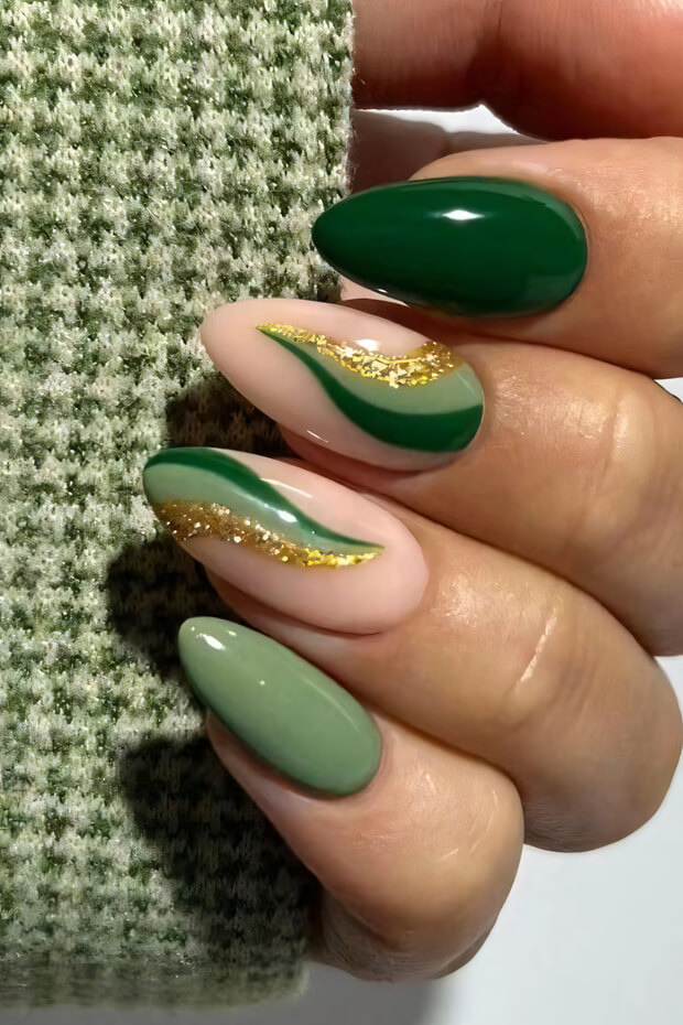 Green and gold nail art with wavy glitter
