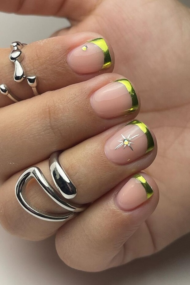 Green and yellow striped nail art design