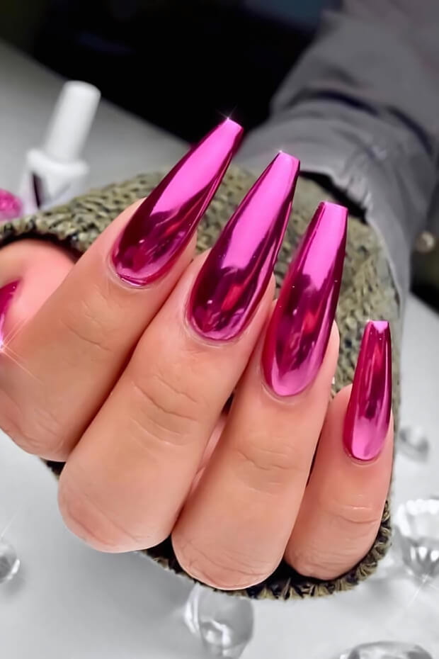 Long coffin-shaped pink metallic mirror-like finish nail