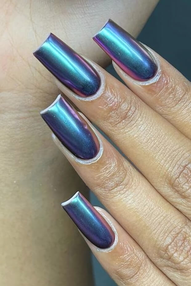 Metallic holographic effect with purple, blue, and green
