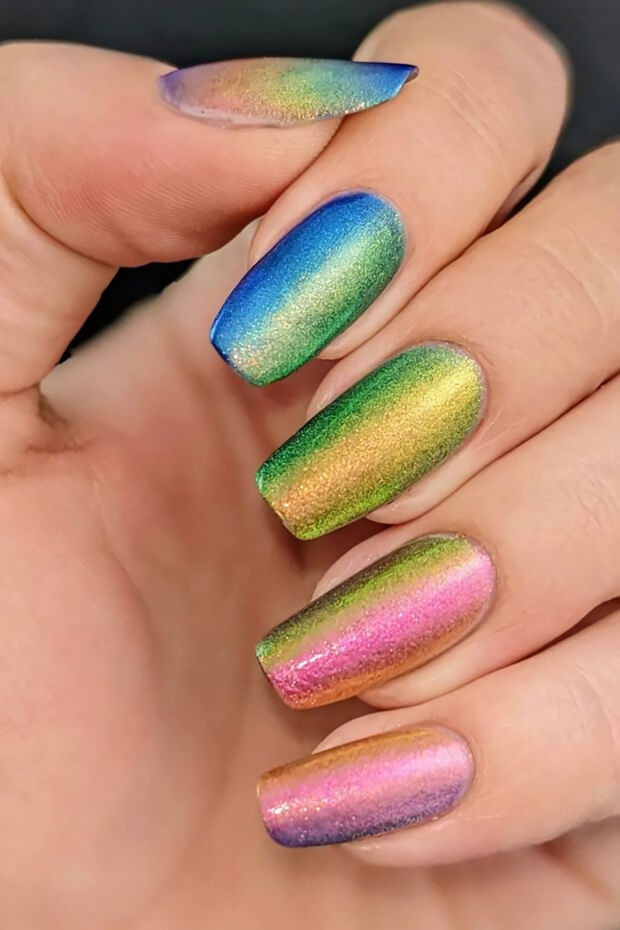 Metallic multicolored shimmering gradient nail art