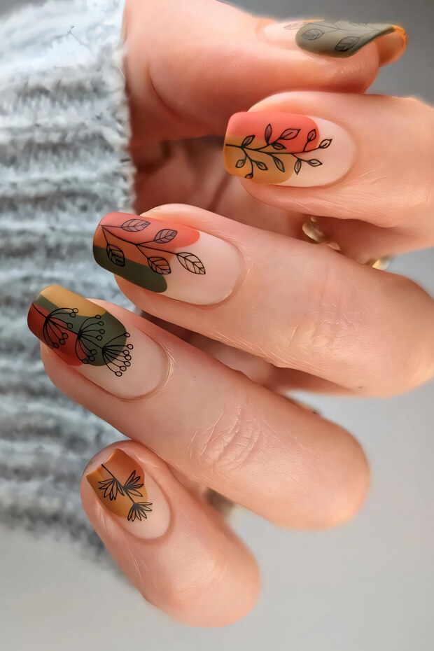 Orange, pink, and brown nails with leaves and flowers