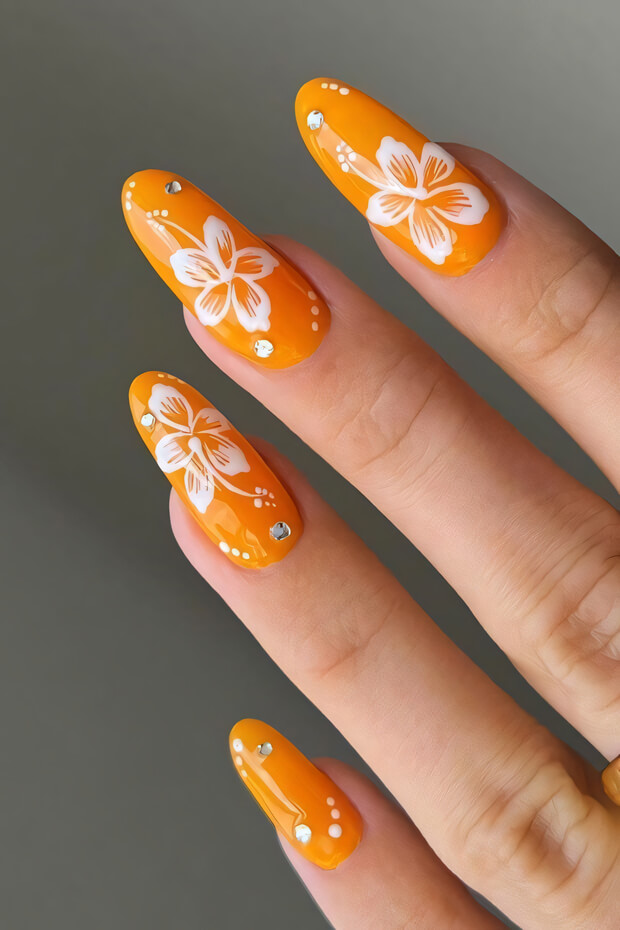 Orange almond nail with white hibiscus flowers