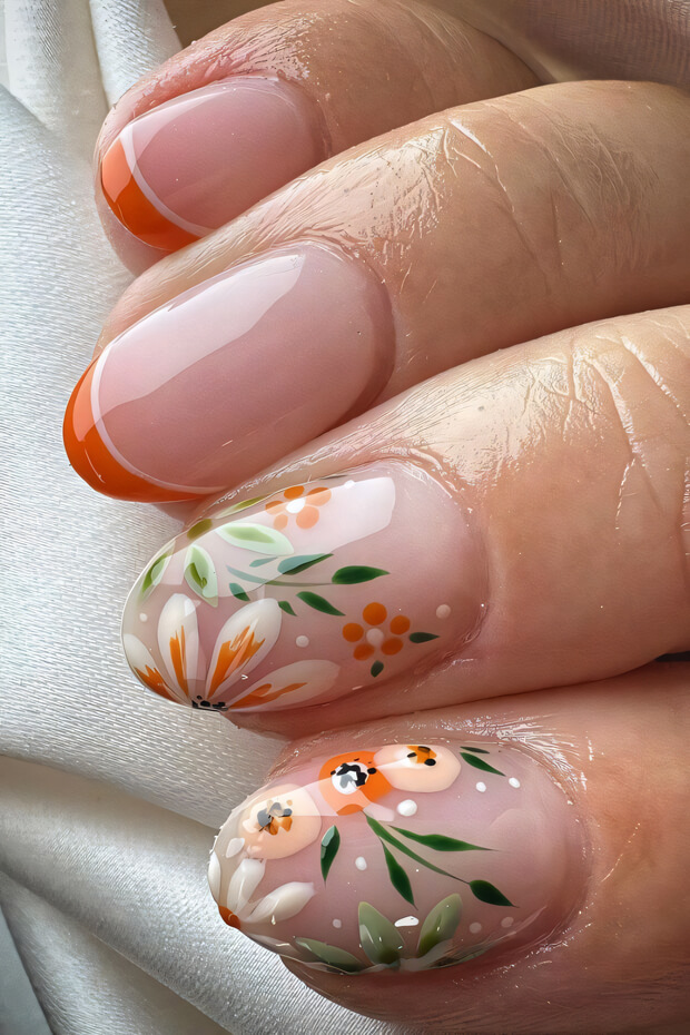 Pink and orange floral design with small flowers and leaves